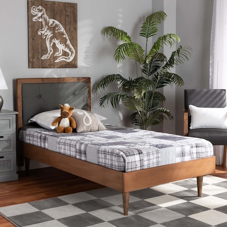 Saul Mid-Century Dark Grey Fabric Upholstered And Walnut Brown Finished Wood Platform Bed-Twin